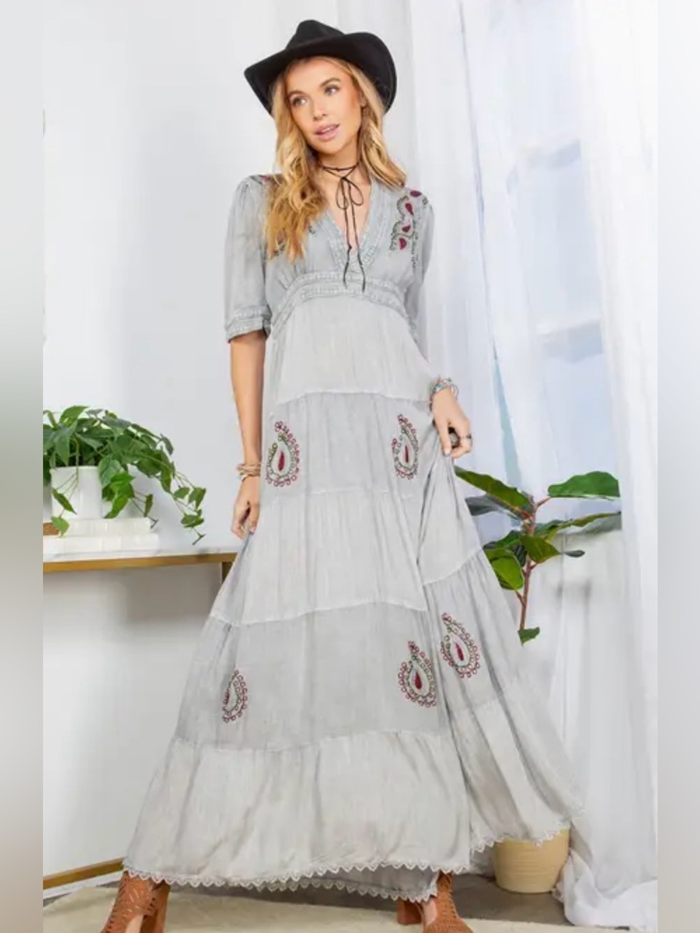 Young threads Embroidered Grey Boho Maxi Dress